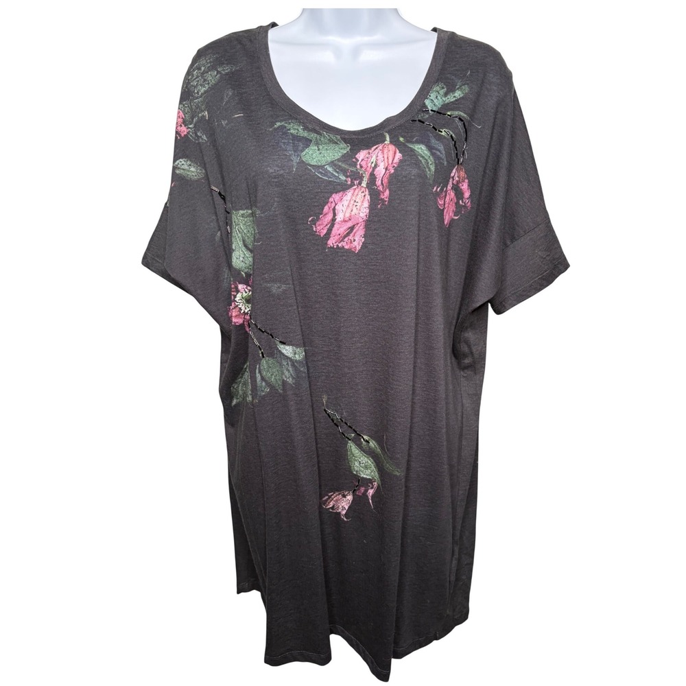 NWT RELIGION Womens Charcoal Gray Floral Beaded Oversized T-Shirt Dress S Edgy